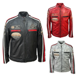 Men's Real Leather Jacket Motorcycle Band Collar Patch Fashion Biker Jacket1184-WHITE