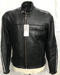 CRUISER SPOR MOTORCYCLE COWHIDE LEATHER JACKET WITH WHITE STRIPES- 1108 VICTOR