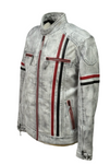 Men's Real Leather Jacket Motorcycle Band Collar Patch Fashion Biker Jacket1183-WHITE