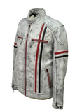 Men's Real Leather Jacket Motorcycle Band Collar Patch Fashion Biker Jacket1183-WHITE