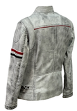 Men's Real Leather Jacket Motorcycle Band Collar Patch Fashion Biker Jacket1183-WHITE