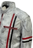 Men's Real Leather Jacket Motorcycle Band Collar Patch Fashion Biker Jacket1183-WHITE