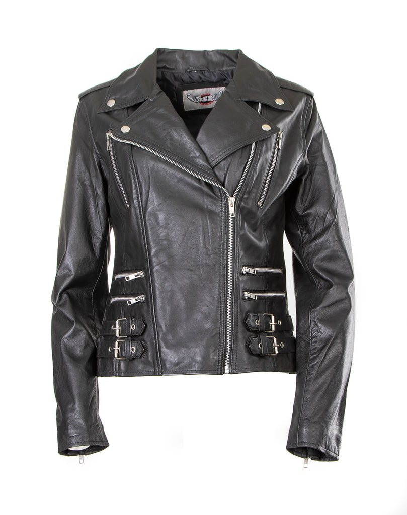 Ladies Retro 100% Nappa Leather Biker Jacket Women Diesel Black